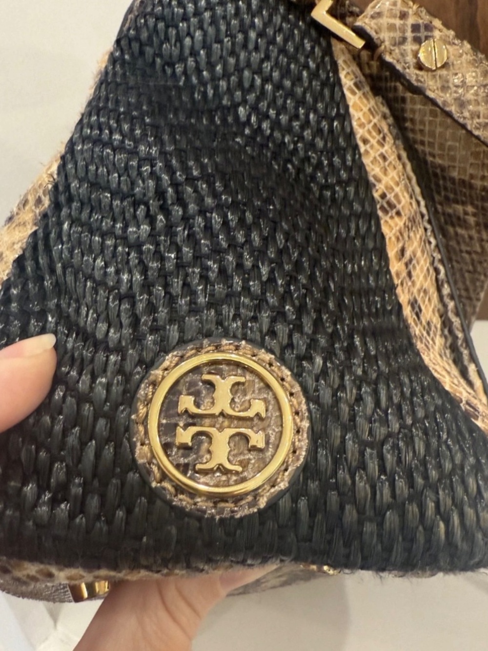 Tory Burch Black Woven and Snake-Print Brown Top Handle Shoulder Bag - Picture 12 of 16